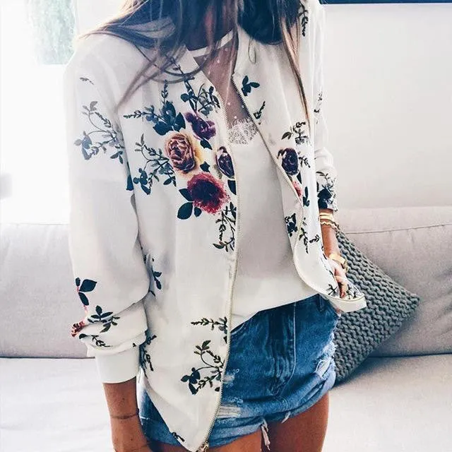 Retro Floral Printed Long Sleeve Zipper Bomber Jackets