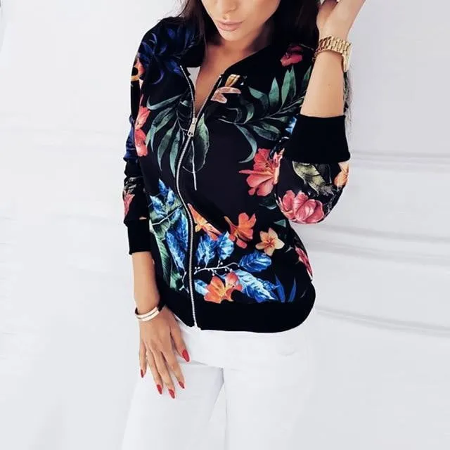 Retro Floral Printed Long Sleeve Zipper Bomber Jackets