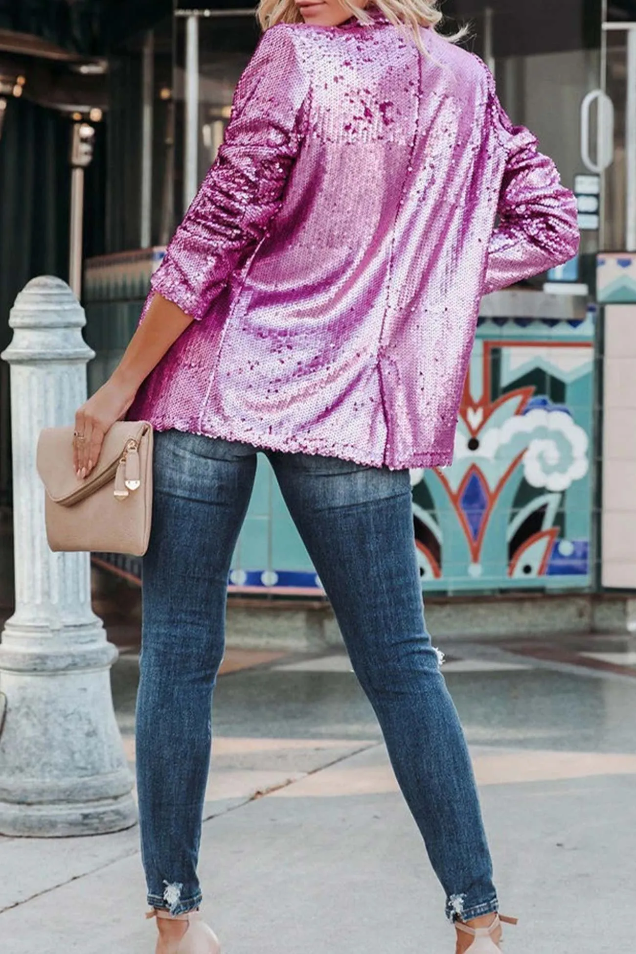 Sequins Solid Color Long Sleeve Blazer