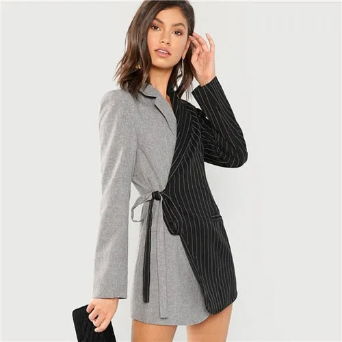 SHEIN Colorblock Tie Waist Surplice Wrap Blazer