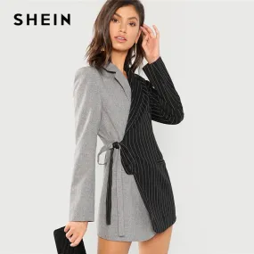 SHEIN Colorblock Tie Waist Surplice Wrap Blazer