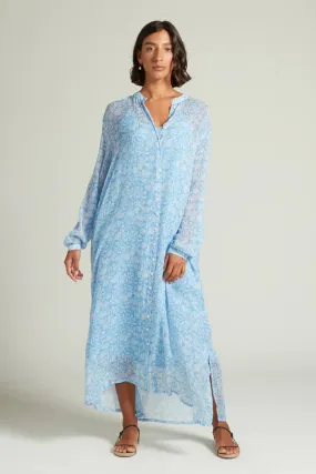 Silk Long Sleeve Button Down Maxi Dress in Little Boy Blue