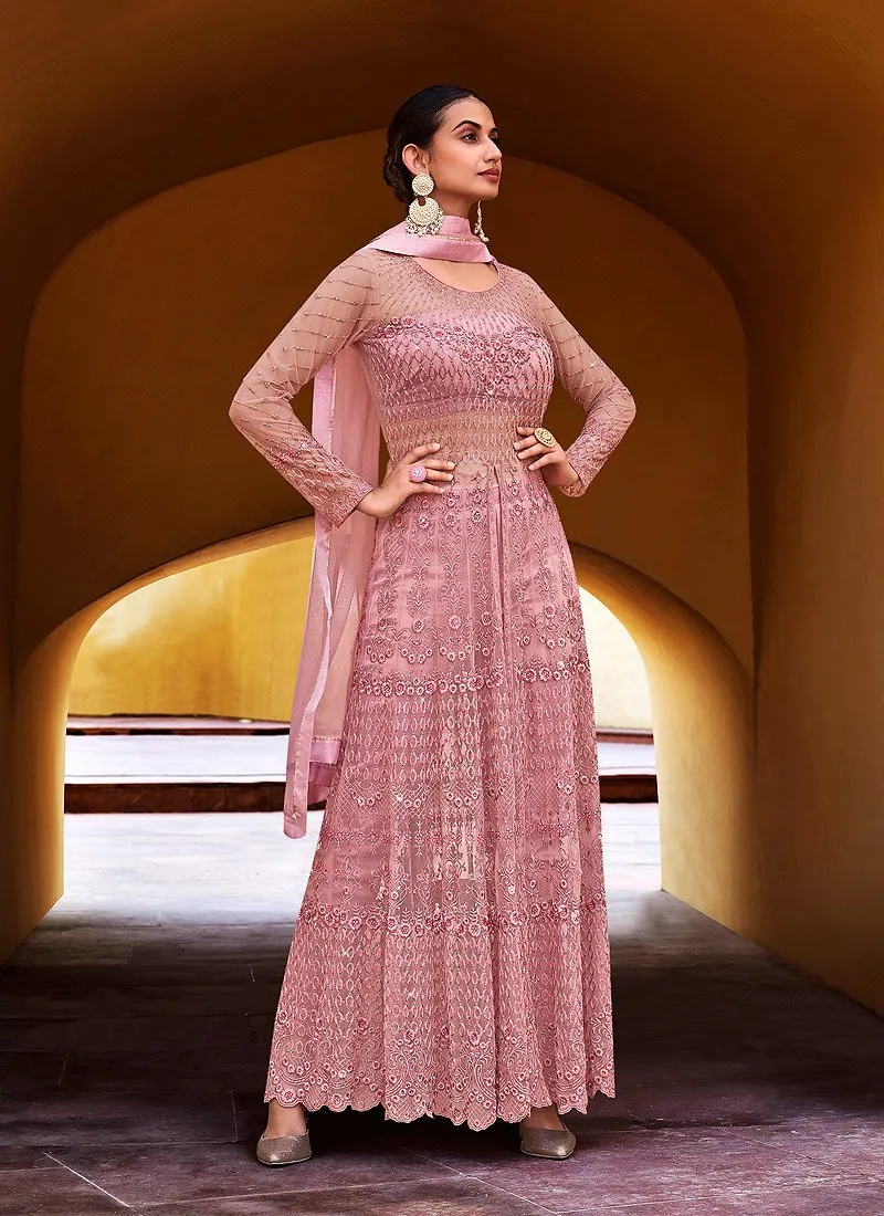 Slit Style Barbie Pink Net Lehenga/Pant Style Anarkali Suit