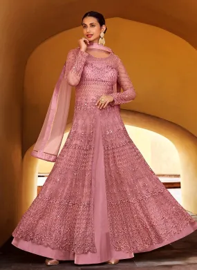 Slit Style Barbie Pink Net Lehenga/Pant Style Anarkali Suit