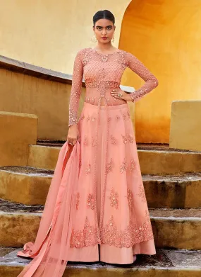 Slit Style Pretty Peach Net Lehenga/Pant Style Anarkali Suit