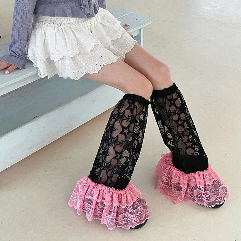 Sohiwoo Y2K Star Lace Leg Socks Black pink Colored Sweet Leg Covers Wide Harajuku Japanese Knee High Boots Leg Cover JK Breathable Socks