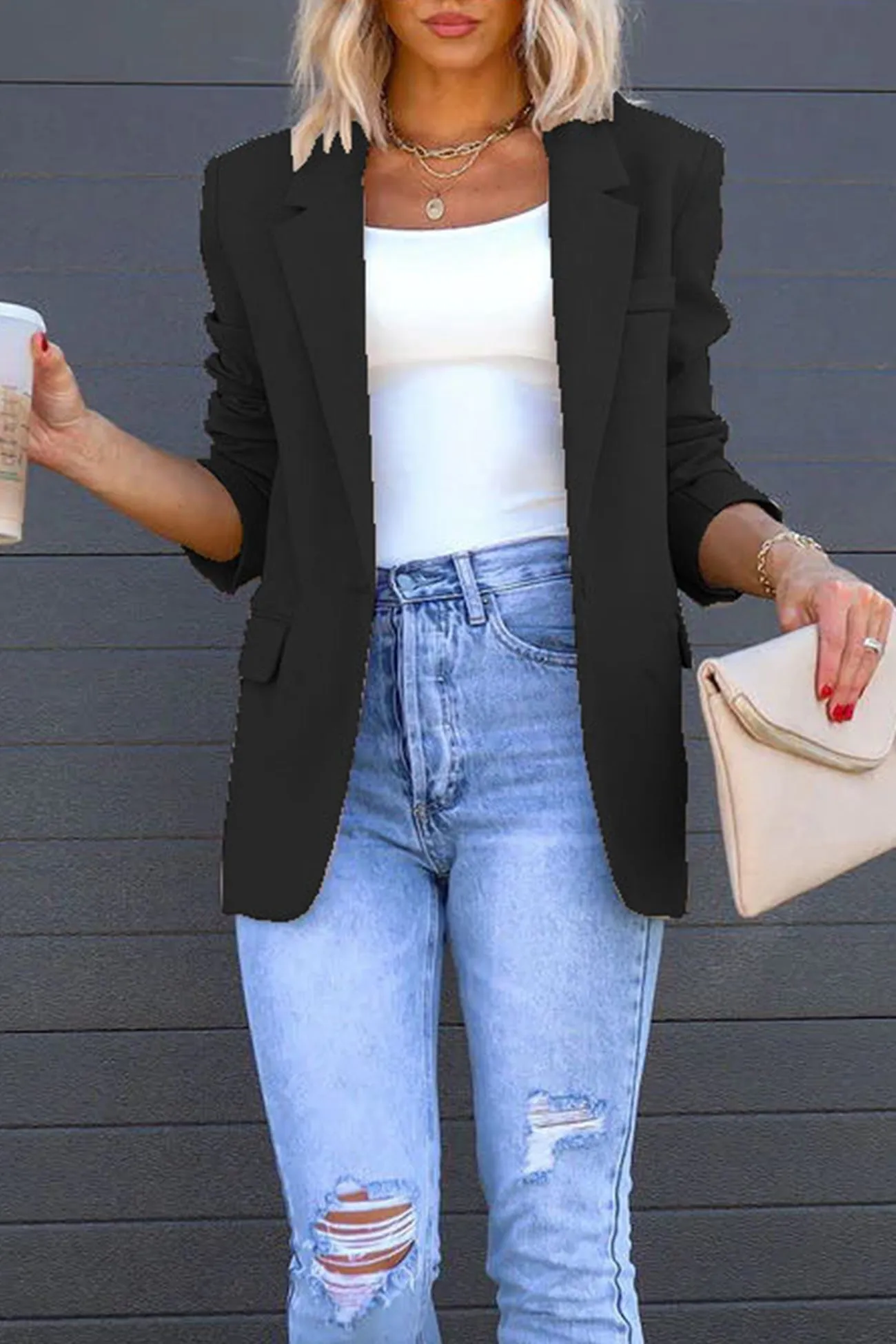 Solid Back Slit Mid-length Blazer