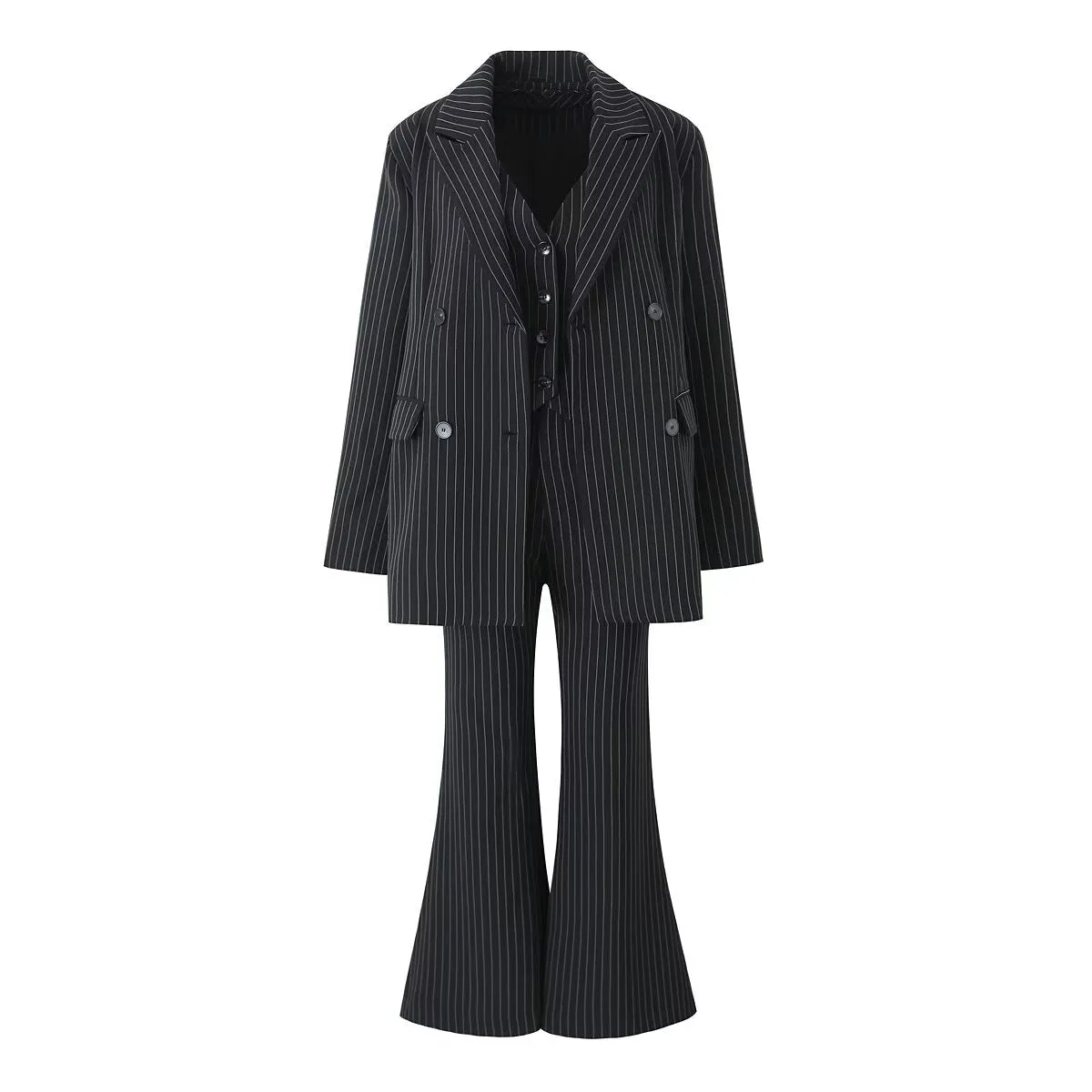 Spring Vertical Striped Blazer Suit Vest Bell Bottom Pants Suit