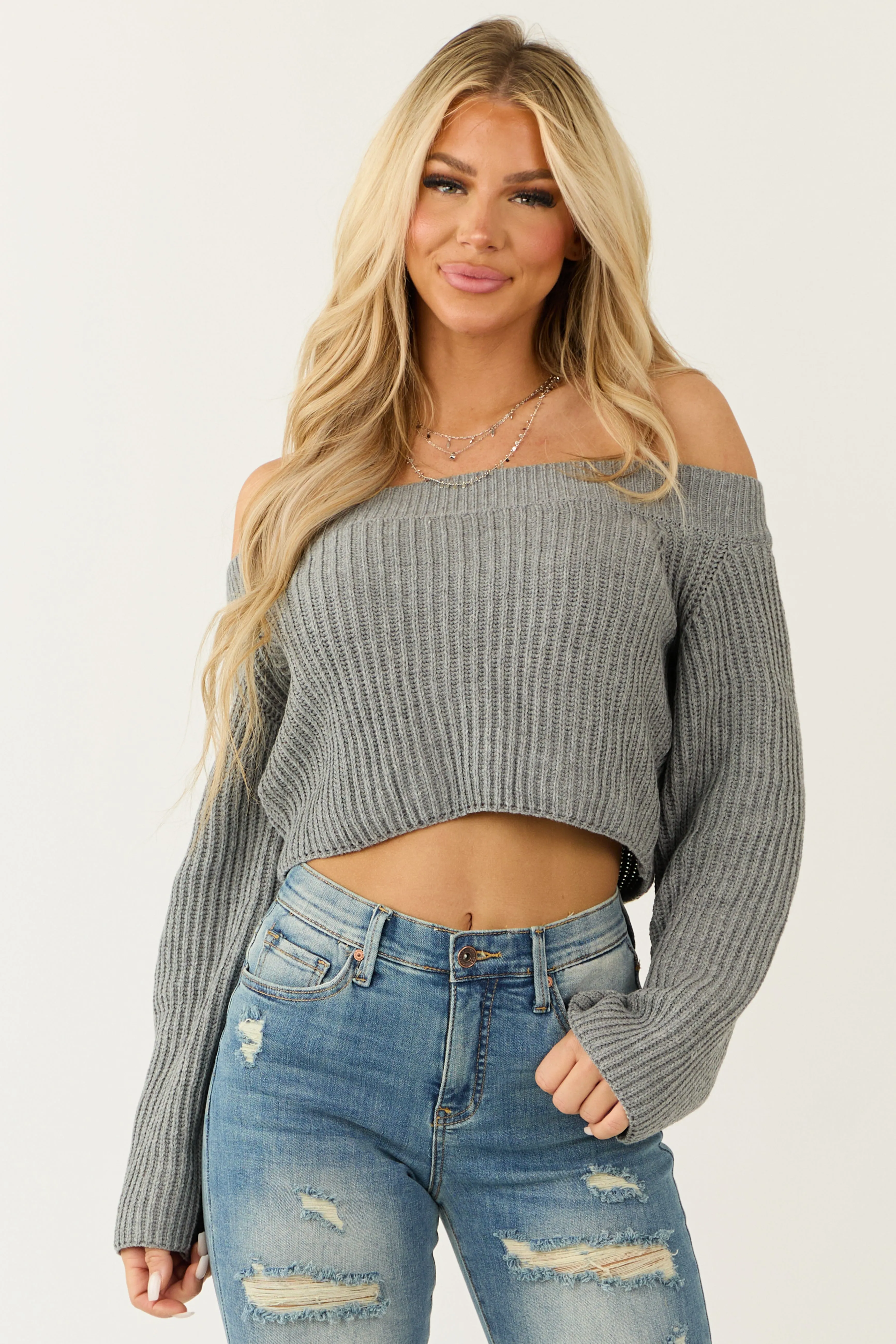 Steel Off the Shoulder Long Sleeve Crop Sweater