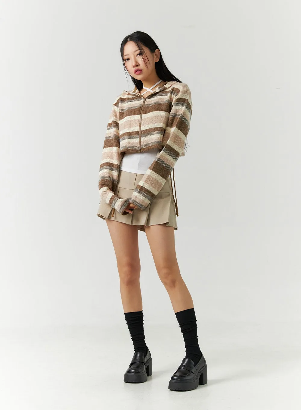 Striped Shirring Hooded Crop Sweater CD301