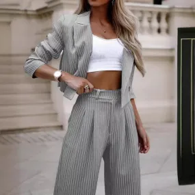 Striped Short Blazer Straight-Leg Pants Suit