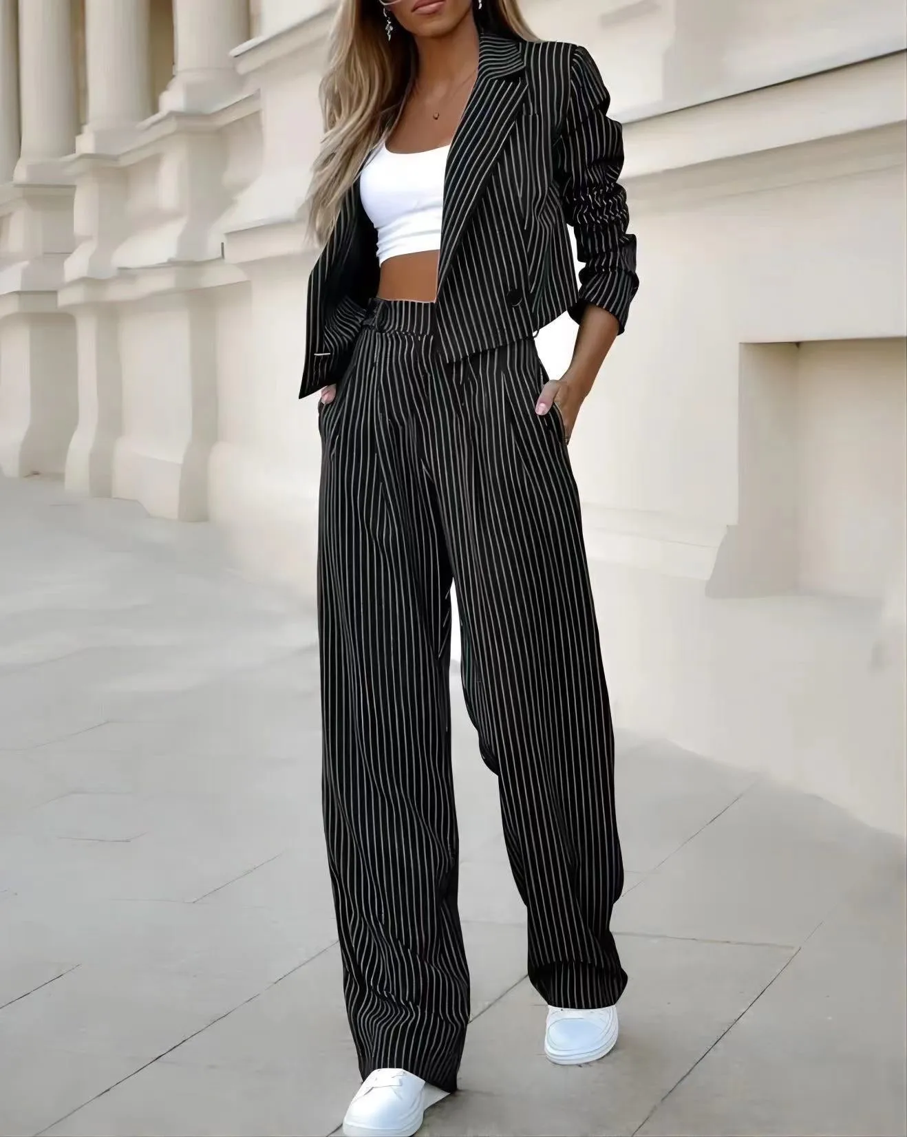 Striped Short Blazer Straight-Leg Pants Suit