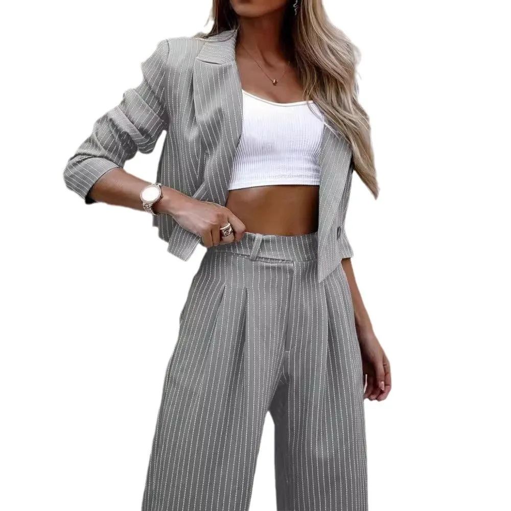 Striped Short Blazer Straight-Leg Pants Suit