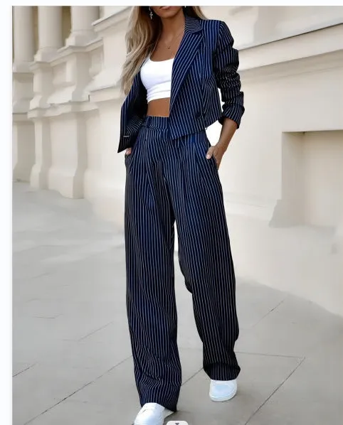 Striped Short Blazer Straight-Leg Pants Suit