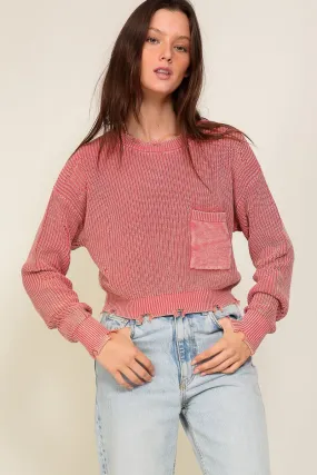 Sweater Crop - Distress Pocket- Rose