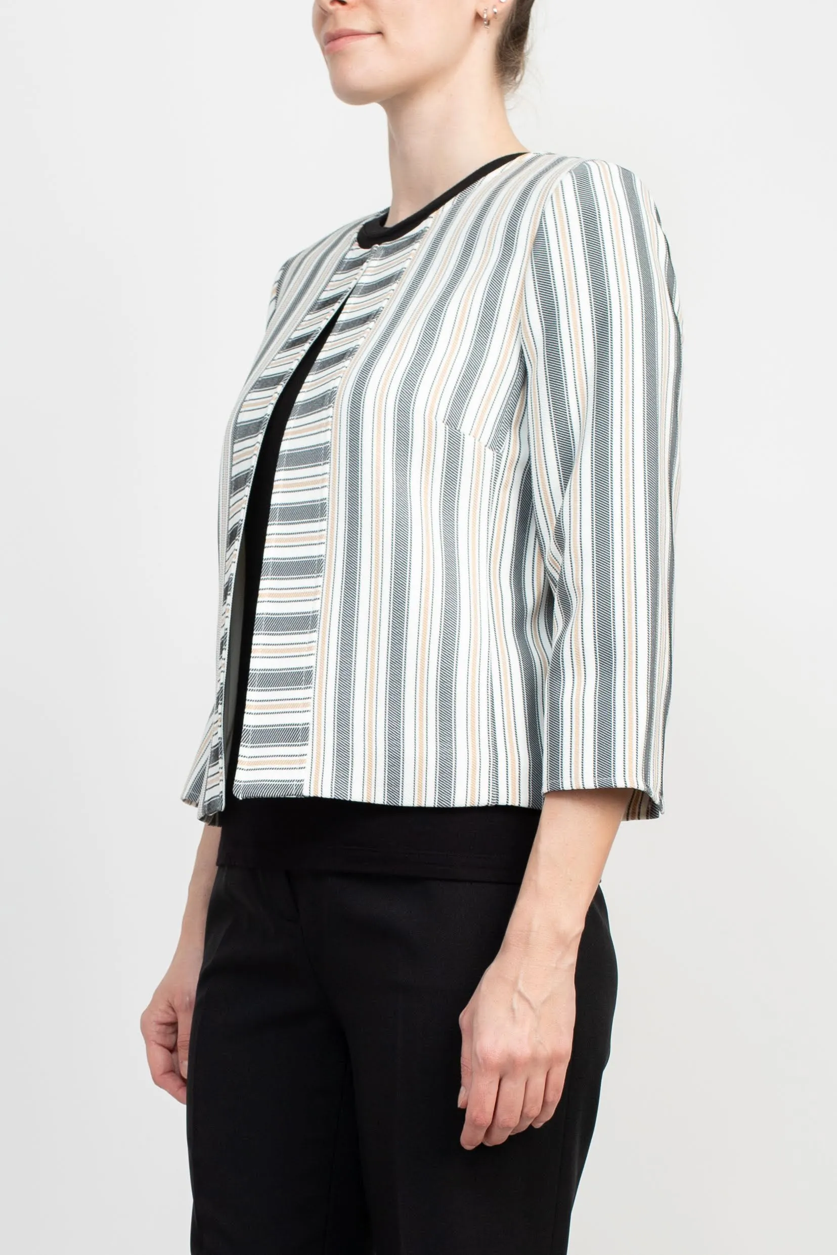 Tahari ASL Crew Neck 3/4 Sleeve Hook & Eye Stripe Print Twill Jacket