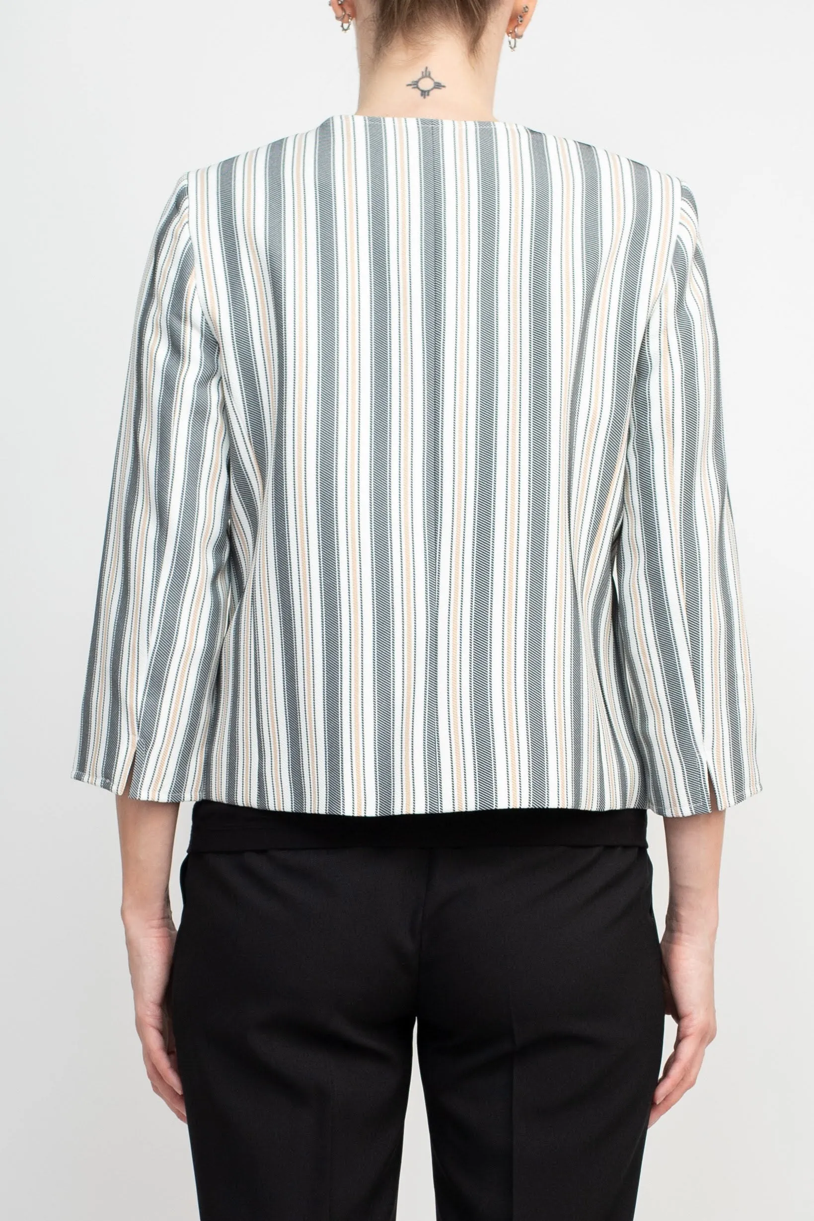 Tahari ASL Crew Neck 3/4 Sleeve Hook & Eye Stripe Print Twill Jacket