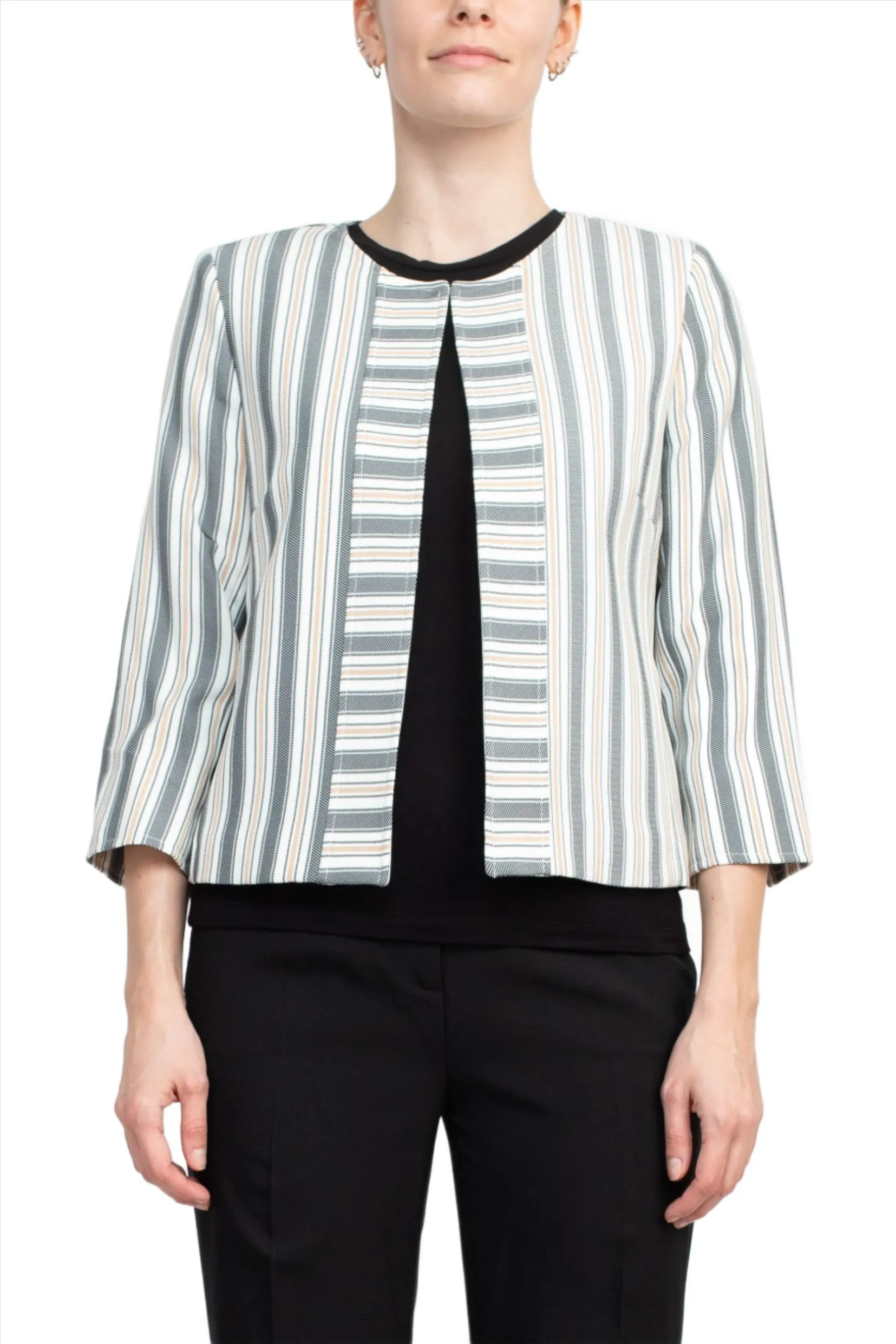 Tahari ASL Crew Neck 3/4 Sleeve Hook & Eye Stripe Print Twill Jacket