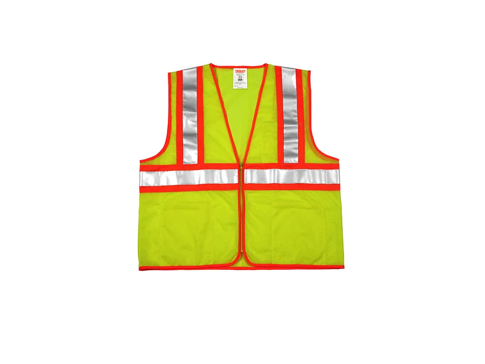 Type R Class 2 Vest - Fluorescent Yellow-Green - Polyester Mesh - Zipper Closure - 4 Interior Pockets - Two-Tone Silver Reflective Tape