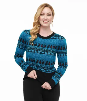 Unique Vintage 1950s Teal Snowflakes & Cats Sweater