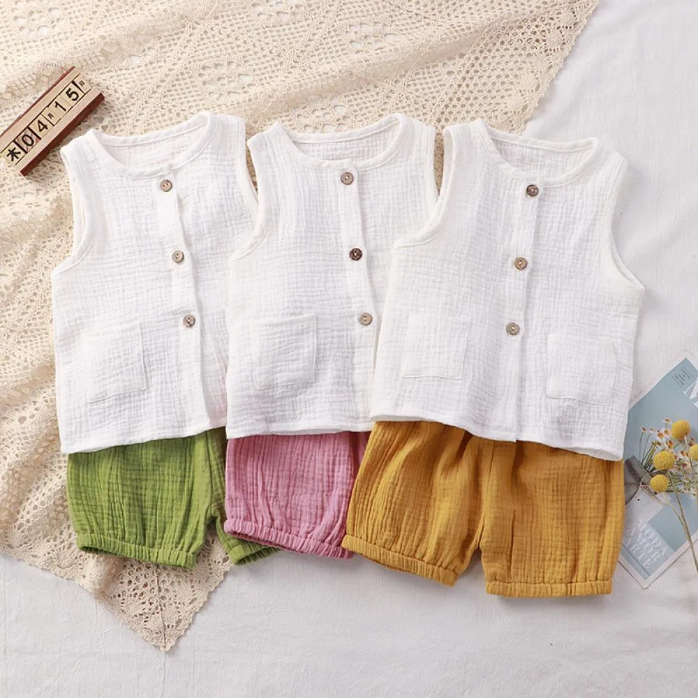 Unisex Children's Summer Suit Gauze Vest Solid Color Home Set Wholesale Kids Clothes