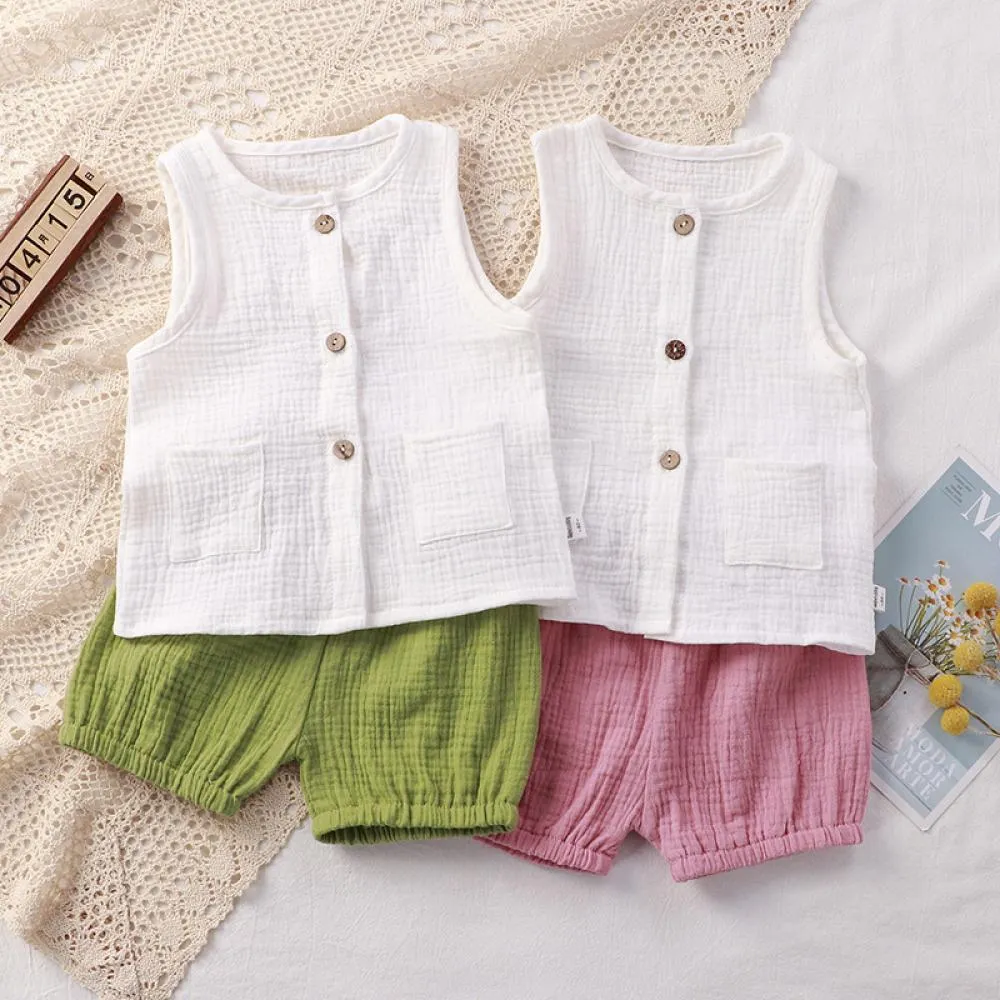 Unisex Children's Summer Suit Gauze Vest Solid Color Home Set Wholesale Kids Clothes