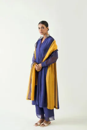 Urvi:  Embroidered Side Gather Kurta set - Purple and Mustard