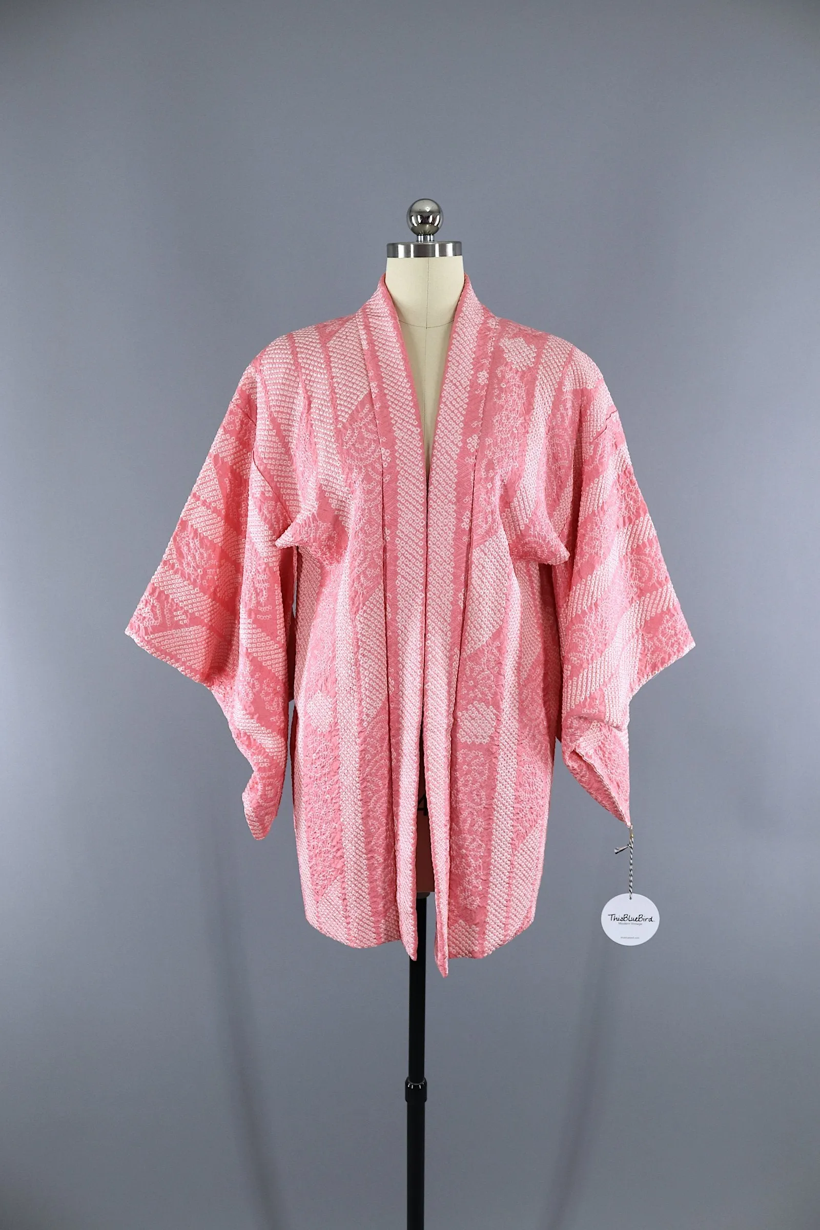 Vintage 1950s - 1960s Silk Kimono Jacket Cardigan / Pink & White Shibori