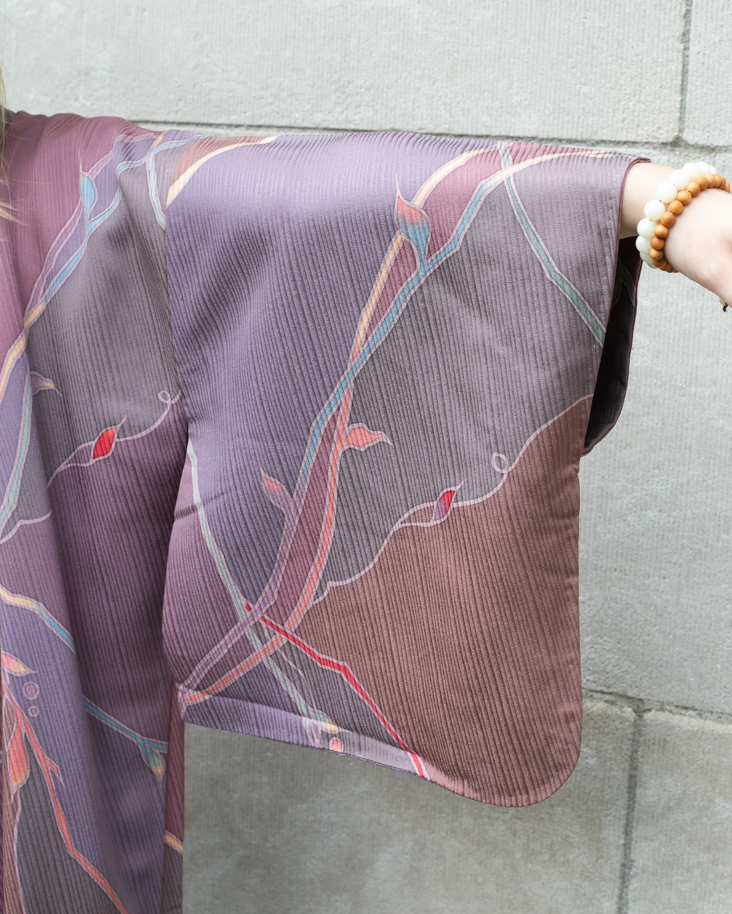 Vintage Haori Jacket, Light Purple with Mauve and Gray Abstract  Leaves