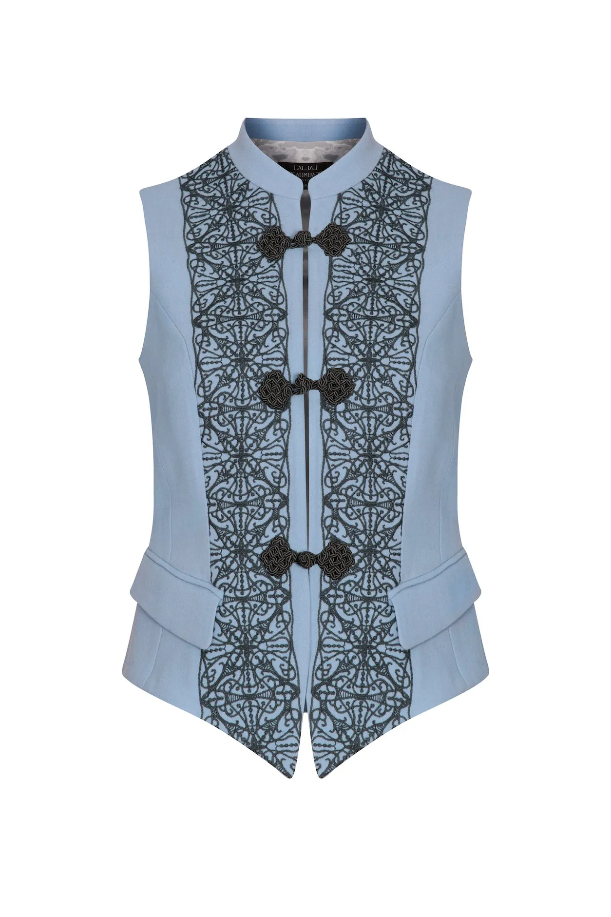 Waistcoat in Embroidered Sky Faille with Grey Frogging Fastening - Wendy