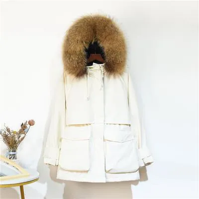 Warm Winter Jacket Women Large Natural Fox Fur White Duck Down Coat