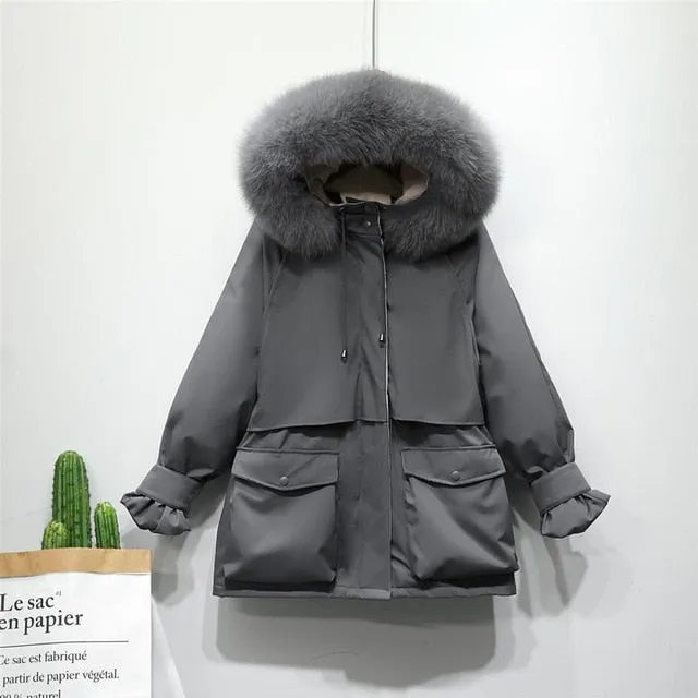 Warm Winter Jacket Women Large Natural Fox Fur White Duck Down Coat