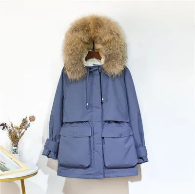 Warm Winter Jacket Women Large Natural Fox Fur White Duck Down Coat