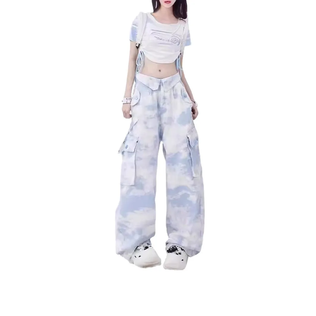 Wenkouban fall outfits aesthetic Camouflage Overalls Women's Flip Waist Tie-Dye Design Loose Straight Casual Pants