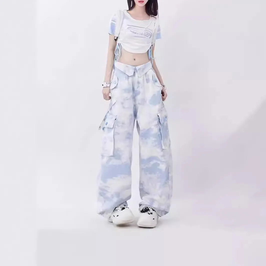 Wenkouban fall outfits aesthetic Camouflage Overalls Women's Flip Waist Tie-Dye Design Loose Straight Casual Pants