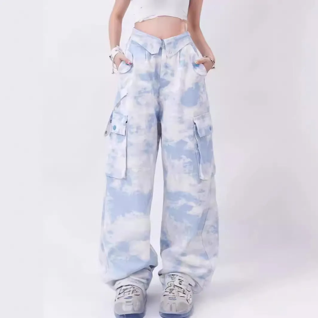 Wenkouban fall outfits aesthetic Camouflage Overalls Women's Flip Waist Tie-Dye Design Loose Straight Casual Pants