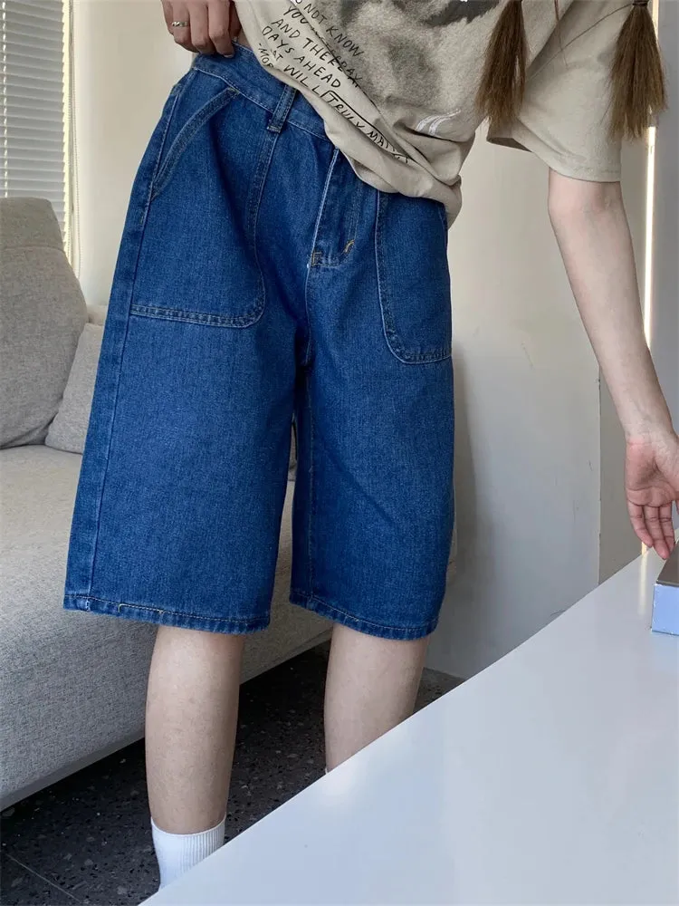 Wenkouban Loose Neutral Large Pocket Wide Leg Denim Half Pants Women's Summer American Street Casual A-Line Blue Shorts Female