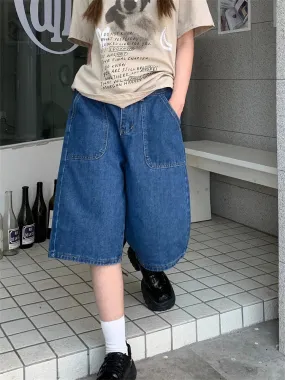 Wenkouban Loose Neutral Large Pocket Wide Leg Denim Half Pants Women's Summer American Street Casual A-Line Blue Shorts Female