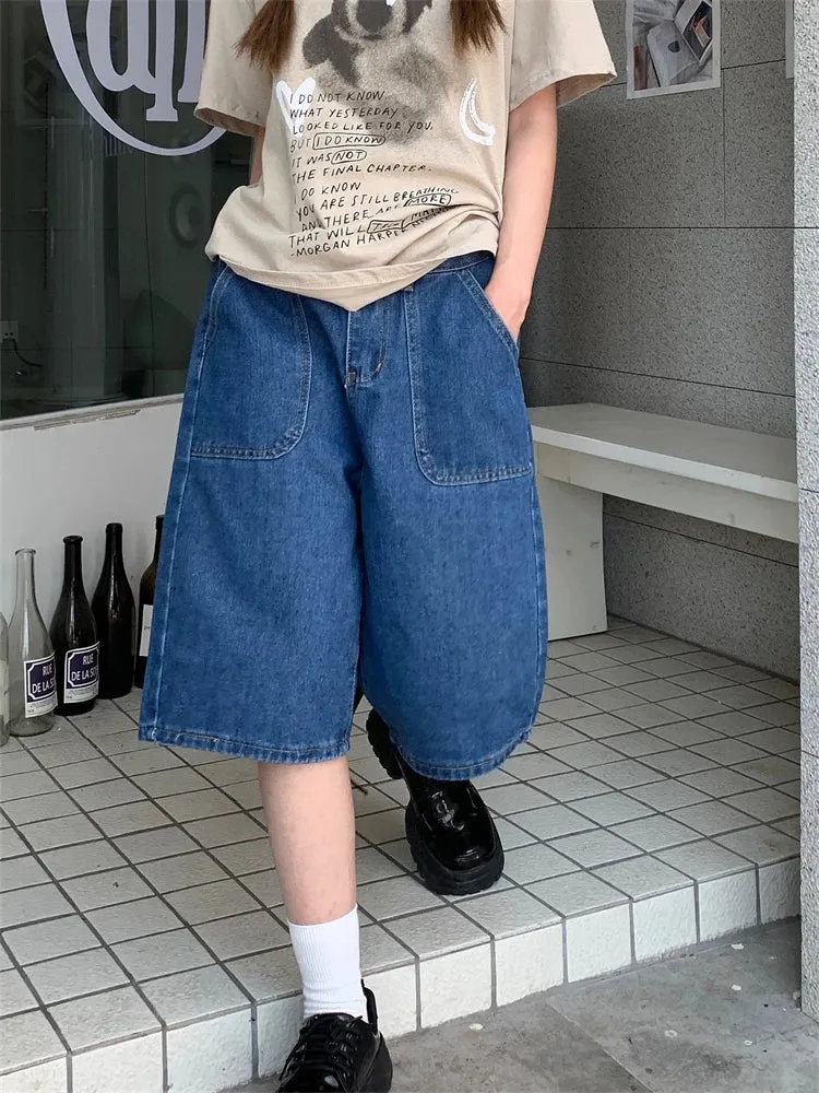 Wenkouban Loose Neutral Large Pocket Wide Leg Denim Half Pants Women's Summer American Street Casual A-Line Blue Shorts Female