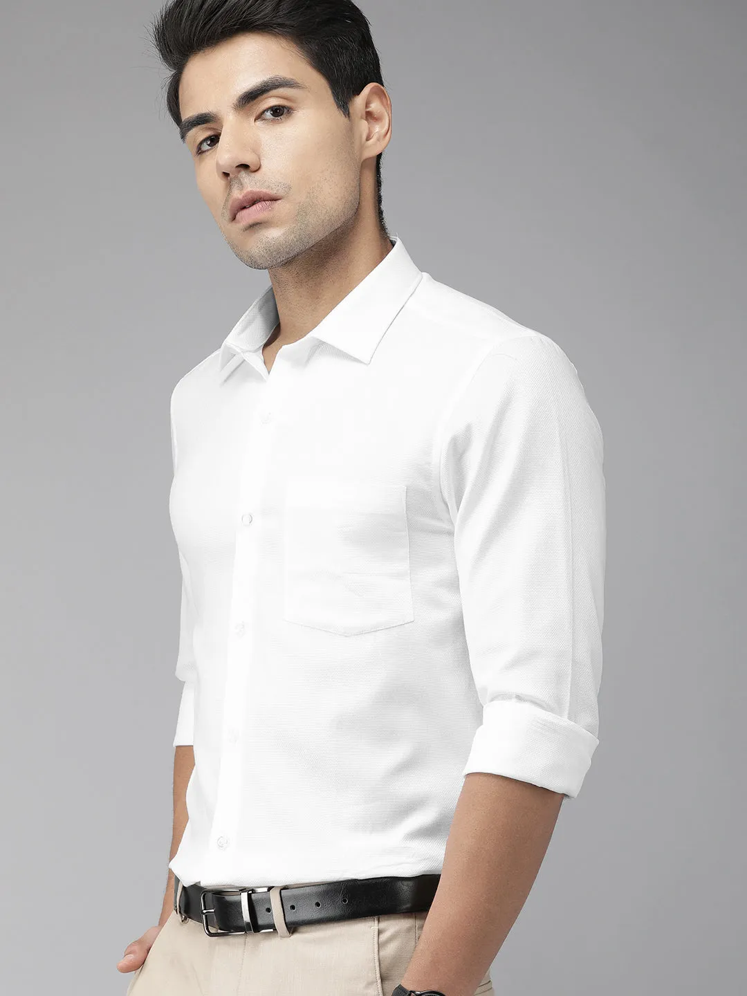 White Cotton Self Design Slim Fit Shirts