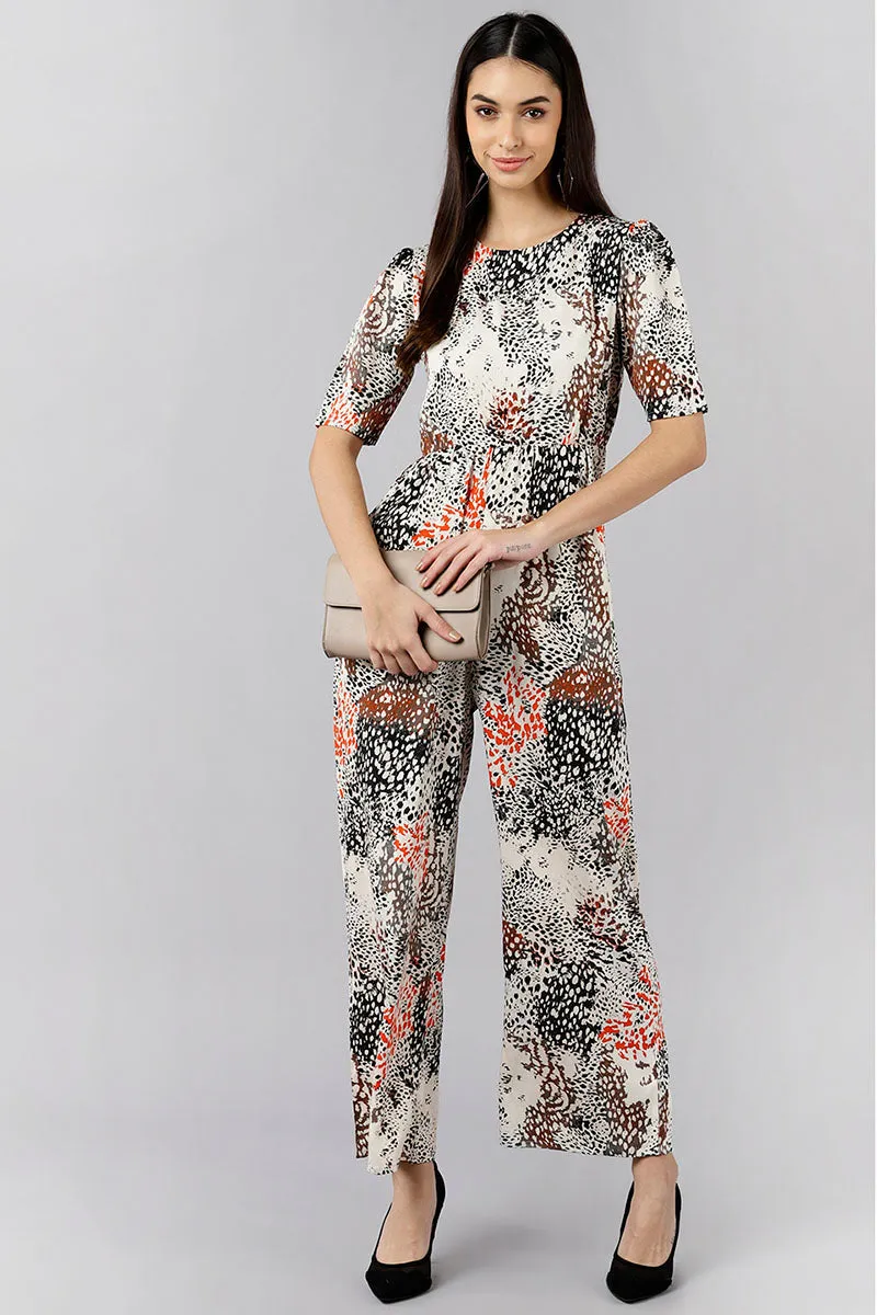 White Polyester Abstract Printed Regular Jumpsuit