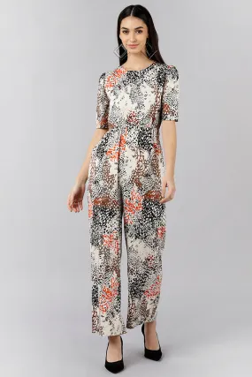 White Polyester Abstract Printed Regular Jumpsuit