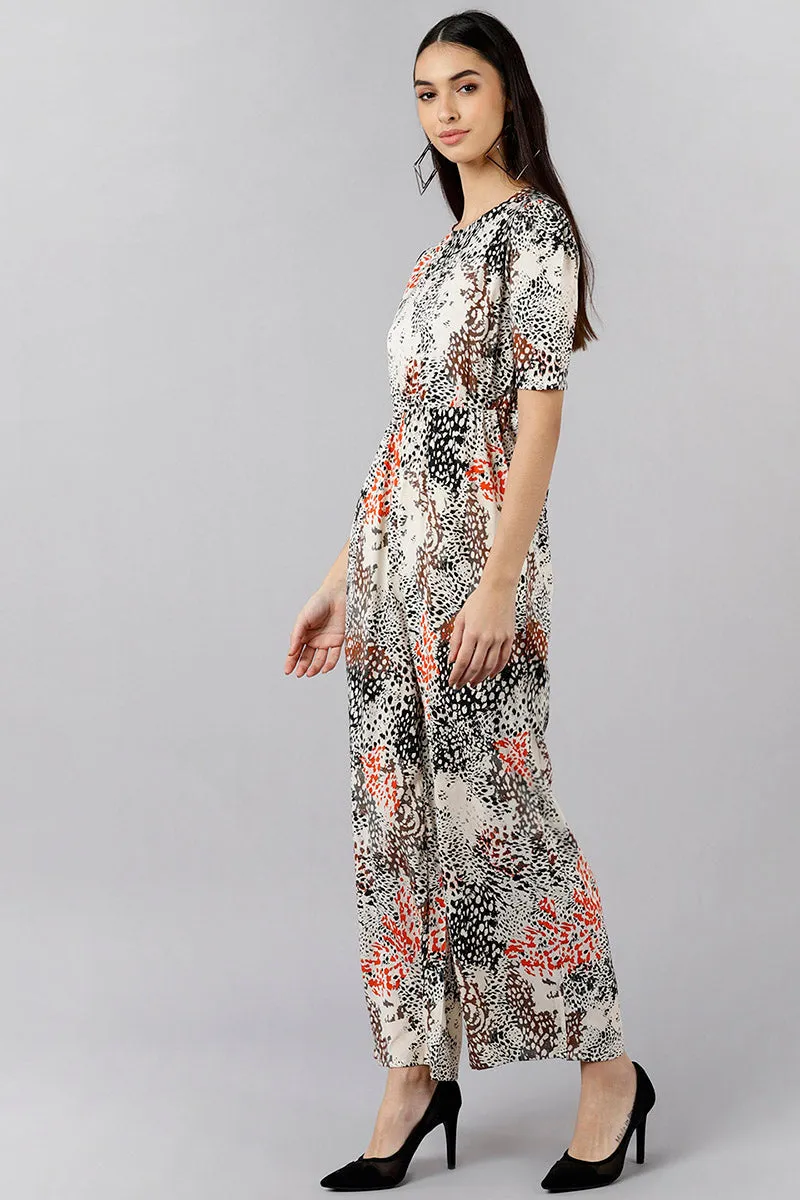 White Polyester Abstract Printed Regular Jumpsuit