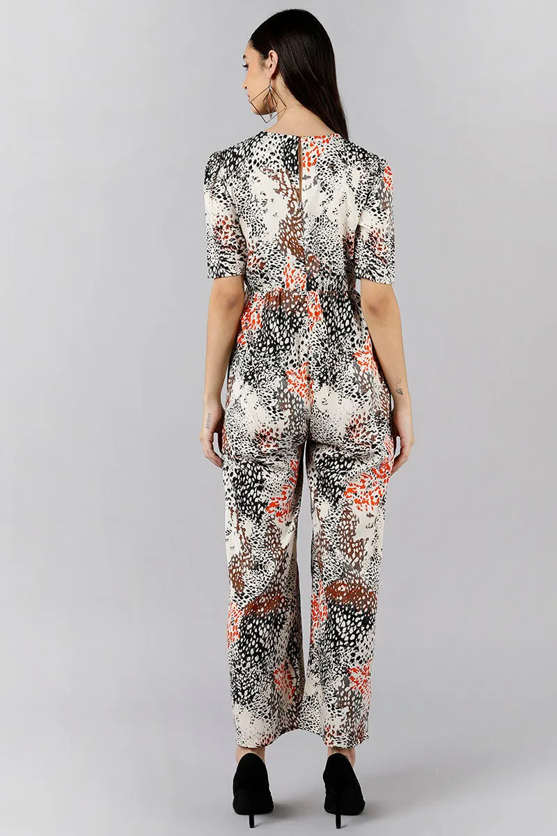 White Polyester Abstract Printed Regular Jumpsuit