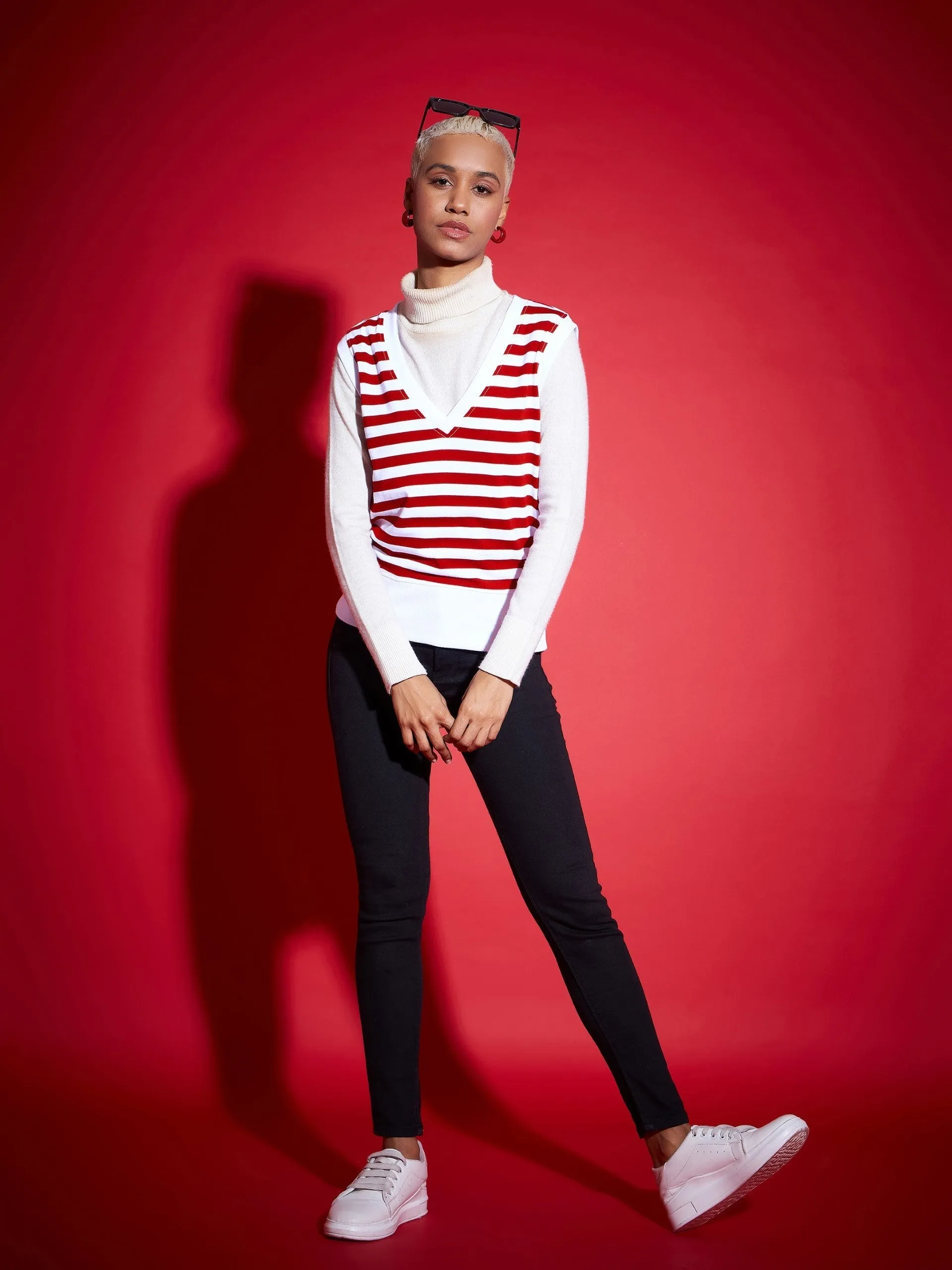 Women Red & White Striped V-Neck Sleeveless Sweater