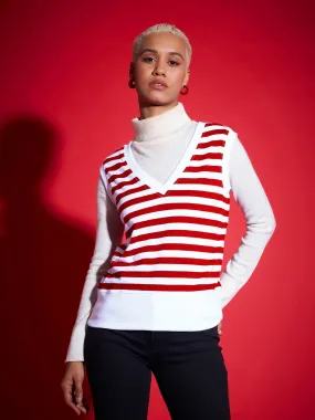 Women Red & White Striped V-Neck Sleeveless Sweater