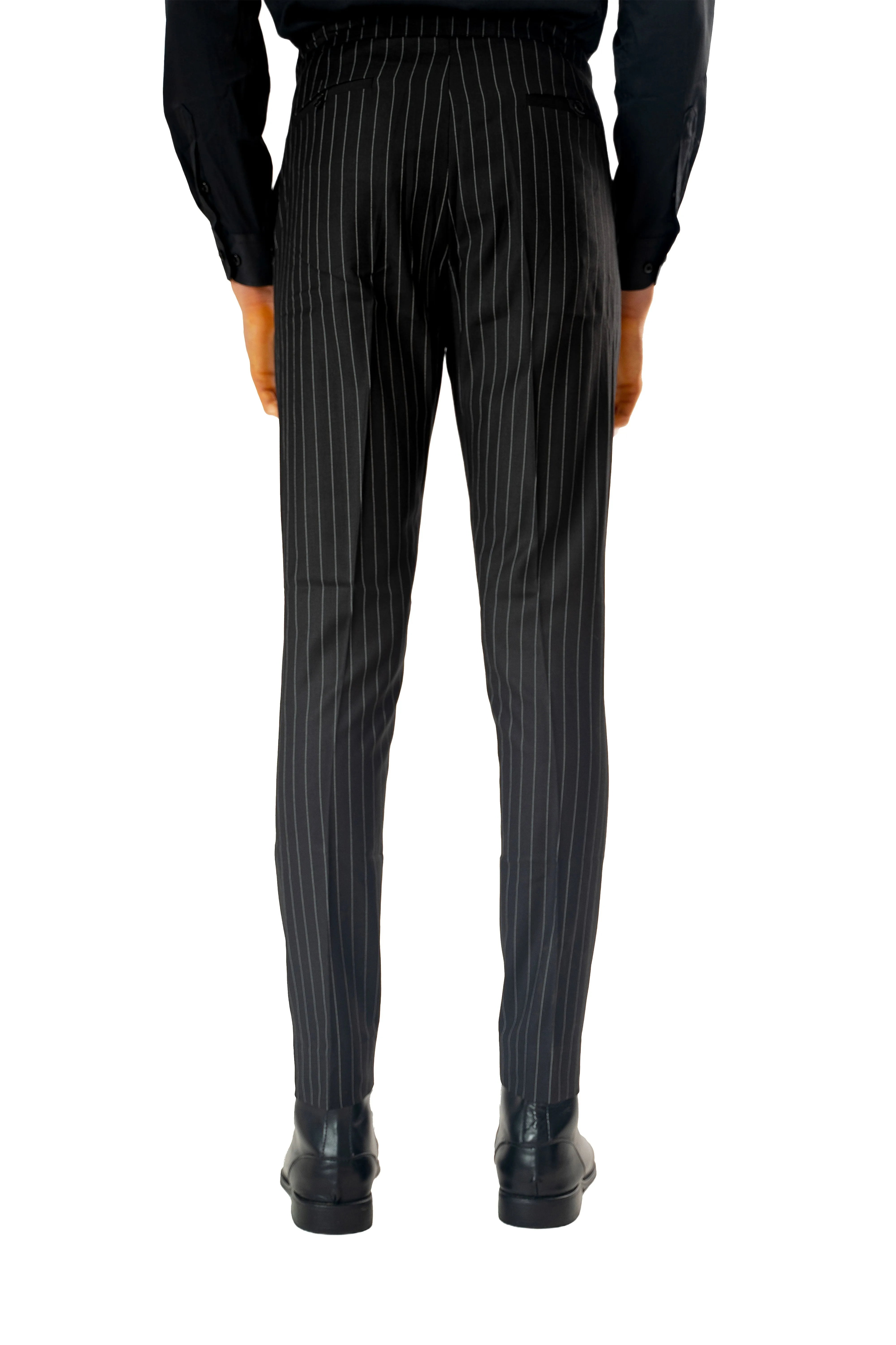 Wool Drawstring Pants in Black Pinstripe