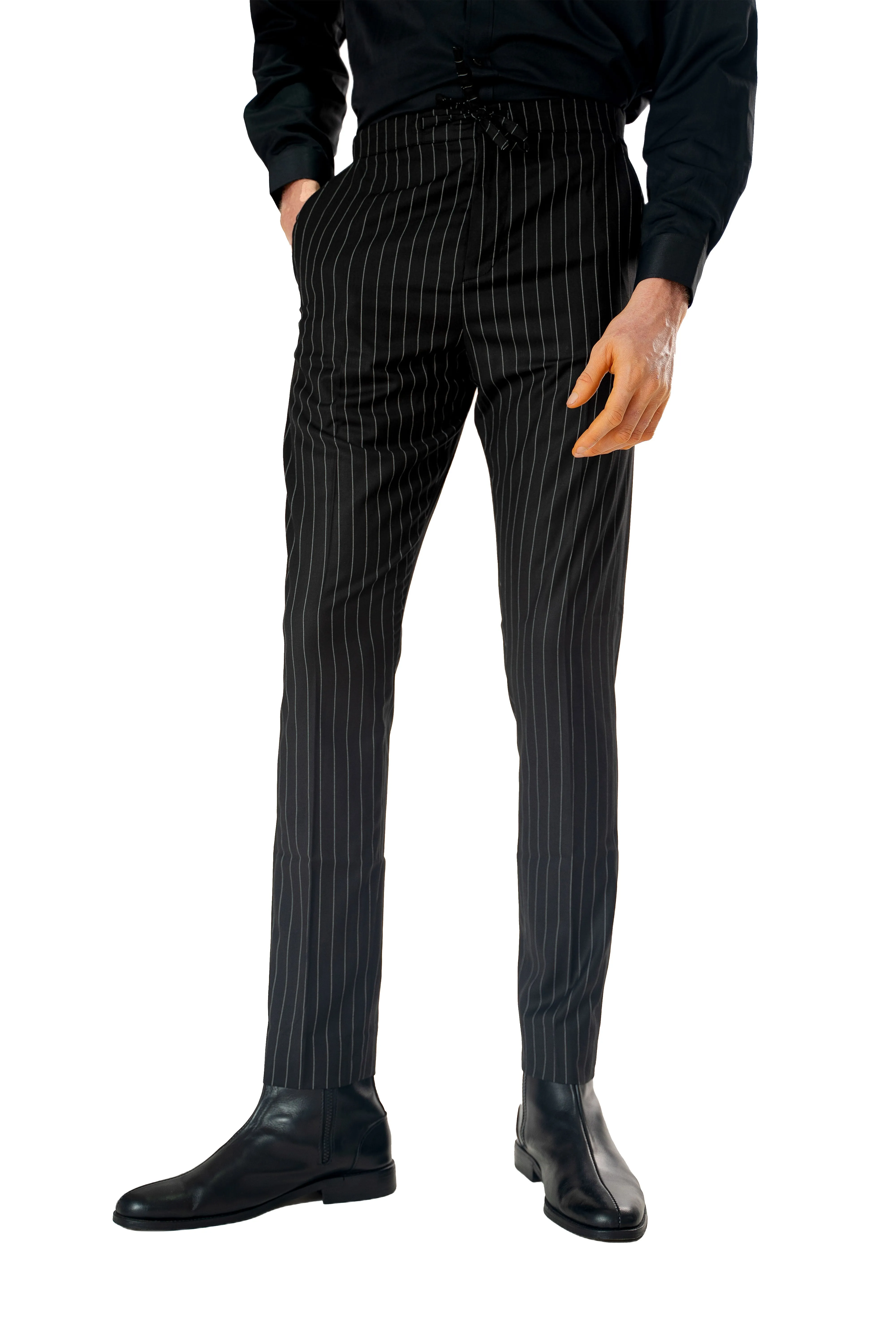 Wool Drawstring Pants in Black Pinstripe